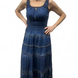 Indigo & Lace 100% Cotton Chambray Embroidered Ruffle Tiered Midi Dress S